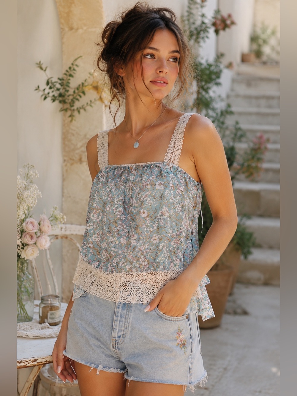 WISH Blue Cream Floral Romantic Lace Sheer Trim Cami Tank Top Vintage Inspired